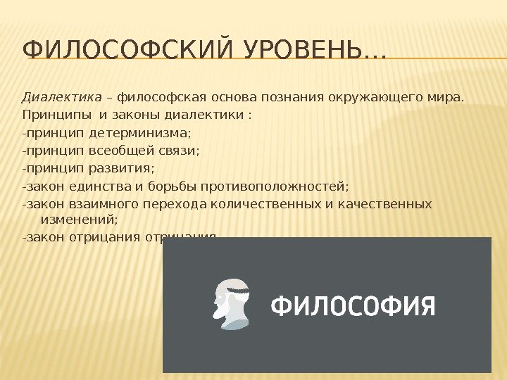 ФИЛОСОФСКИЙ УРОВЕНЬ… Диалектика – философская основа познания окружающего мира. Принципы и законы диалектики :